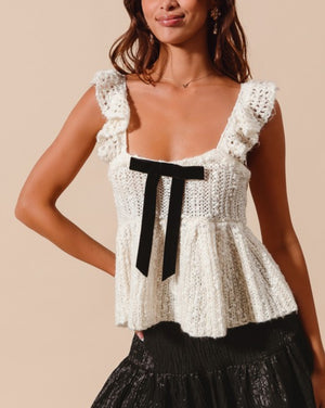 Wildest Dreams Babydoll Ivory Knit Top With Velvet Bow