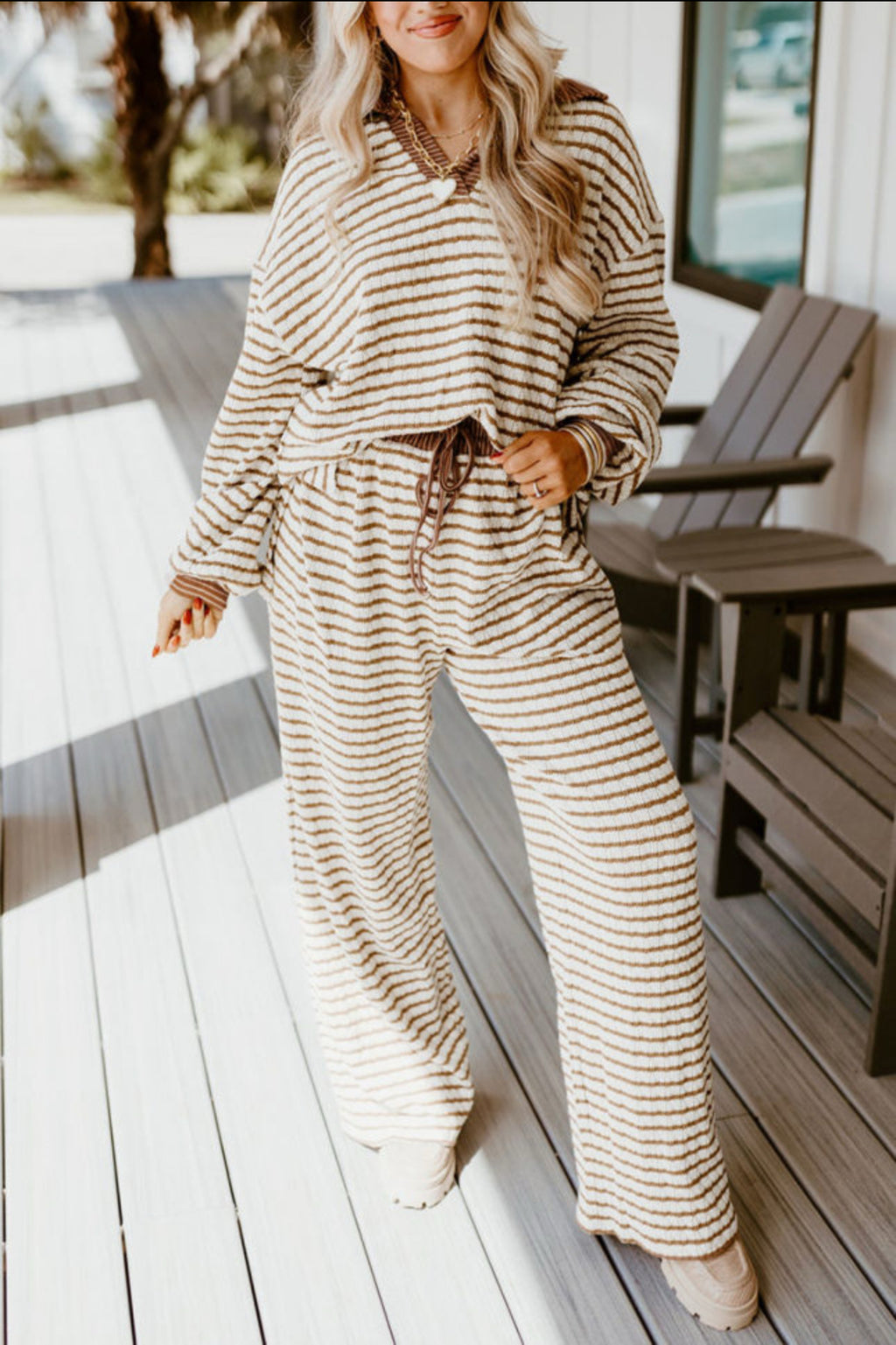 Bon Voyage Khaki Stripe Two Piece Lounge Wear Set
