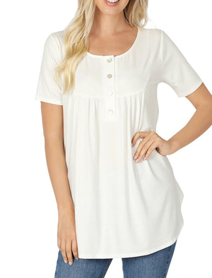 Blissful Mornings Ivory Dolphin Hem Shell Button Top