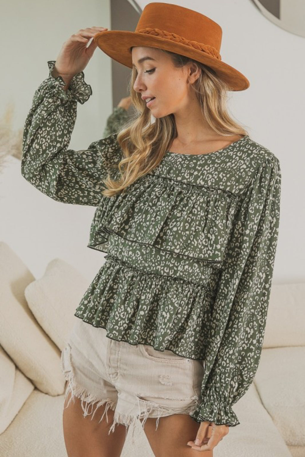 From Day To Night Olive Leopard Gauze Blouse