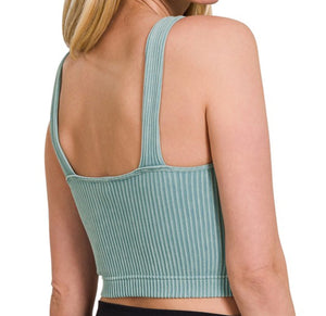 Light Teal Washed Ribbed Bra Padded Cropped Tank