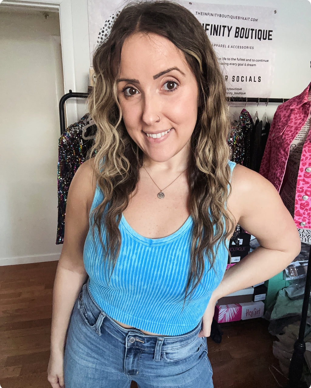Blue Sky Washed Ribbed Bra Padded Cropped Tank