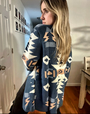 Take Your Time Blue Aztec Printed Cardigan