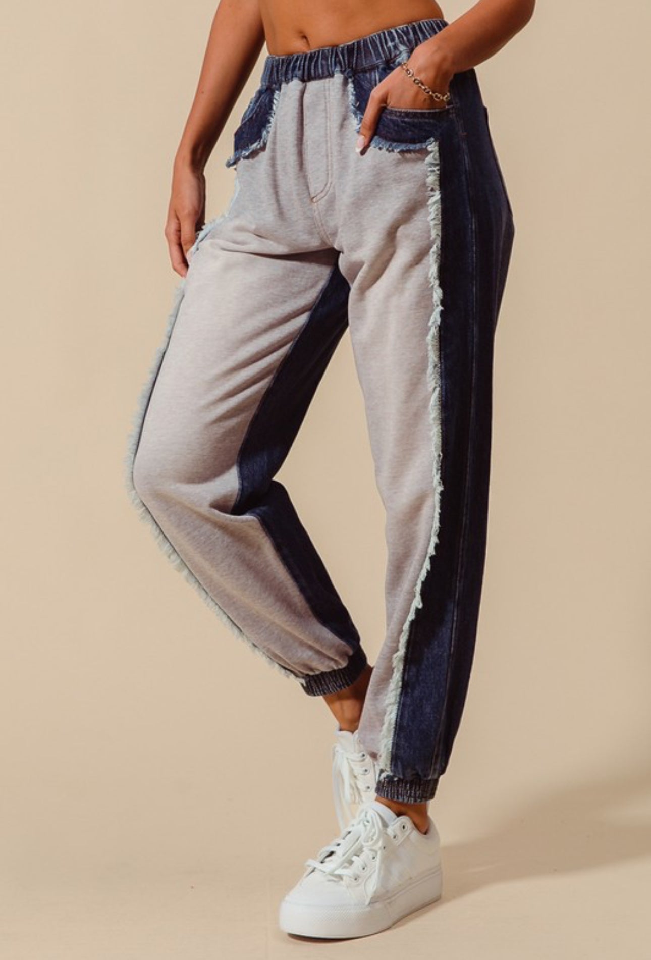 Hooked On You Distressed Terry Color Block Denim Joggers