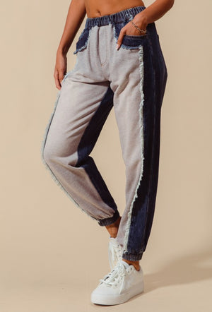 Hooked On You Distressed Terry Color Block Denim Joggers