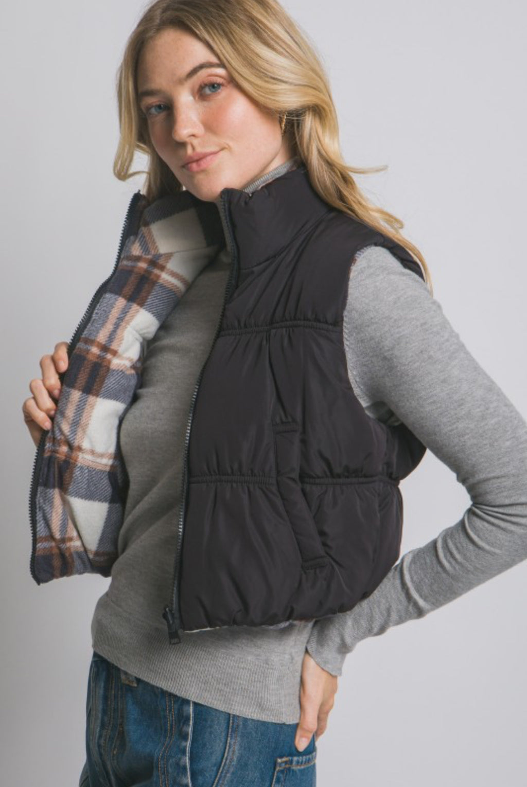 The Carson Reversible Black Plaid Puffer Vest