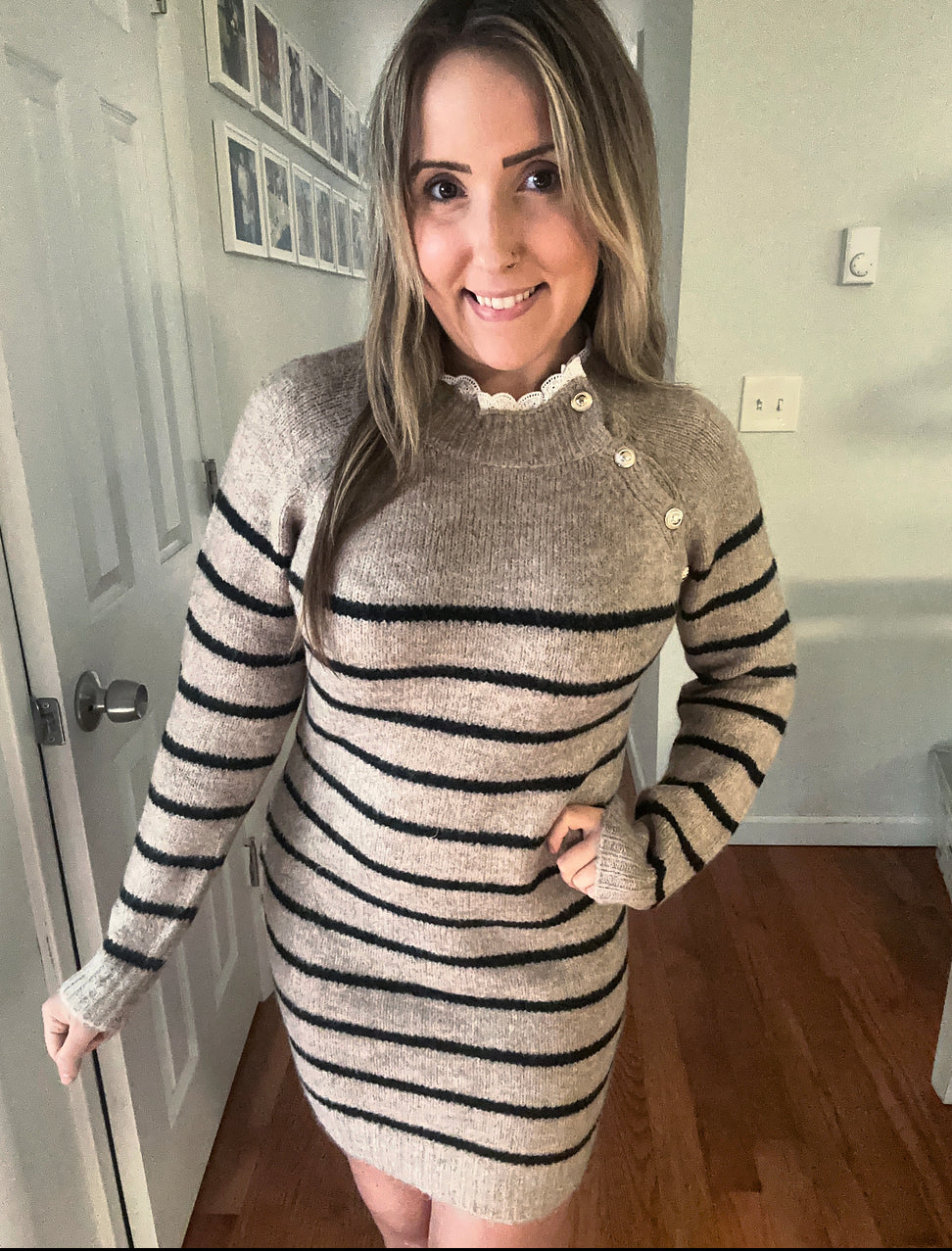 Level Up Khaki Stripe Sweater Dress
