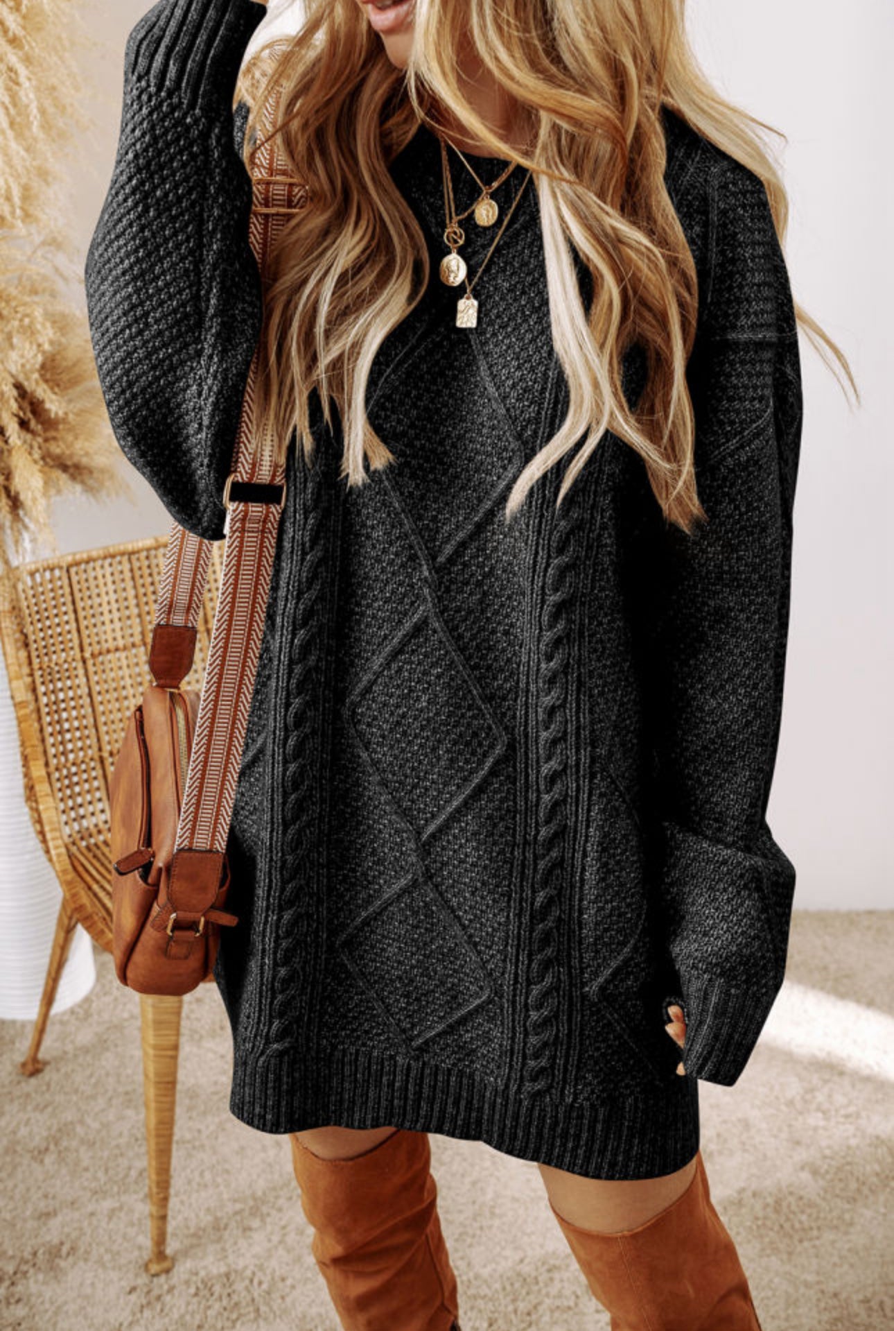 PREORDER Autumn Affair Black Cable Knit Sweater Dress