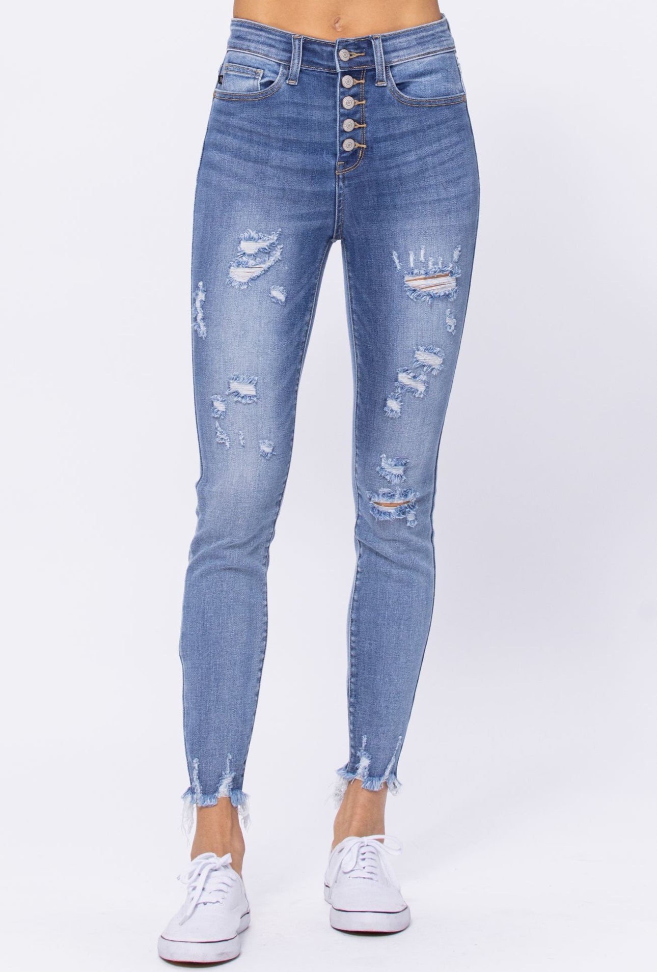 Kiss Me High Rise Distressed Button Fly Skinny Judy Blue Denim Jeans