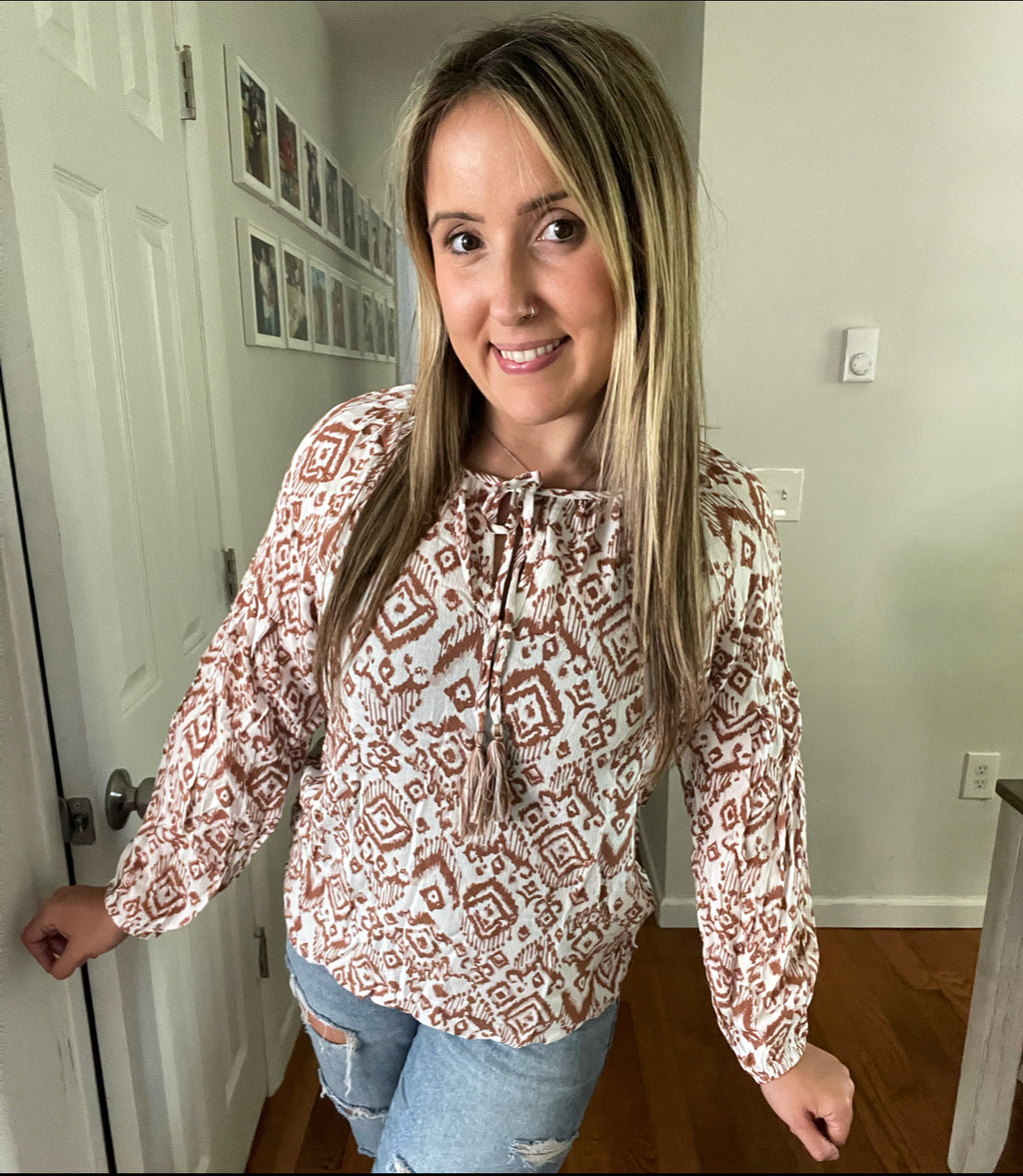 Apricot Western Balloon Sleeve Tassel Blouse