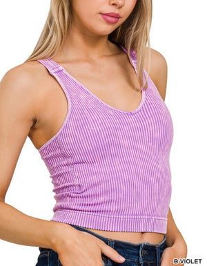 Bright Violet Washed Ribbed Bra Padded Cropped Tank