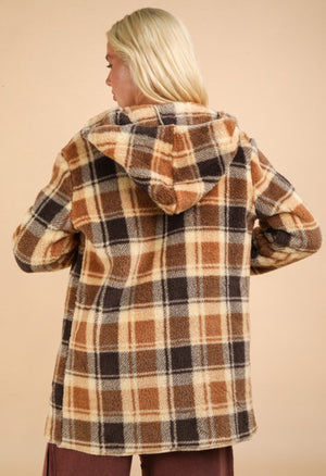 All Bundled Up Oversized Camel Plaid Faux Fur Jacket