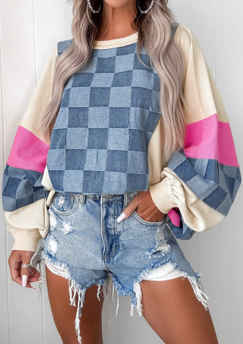 Chic By Day Denim Checkered Colorblock Oversized Sweatshirt