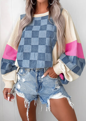 Chic By Day Denim Checkered Colorblock Oversized Sweatshirt