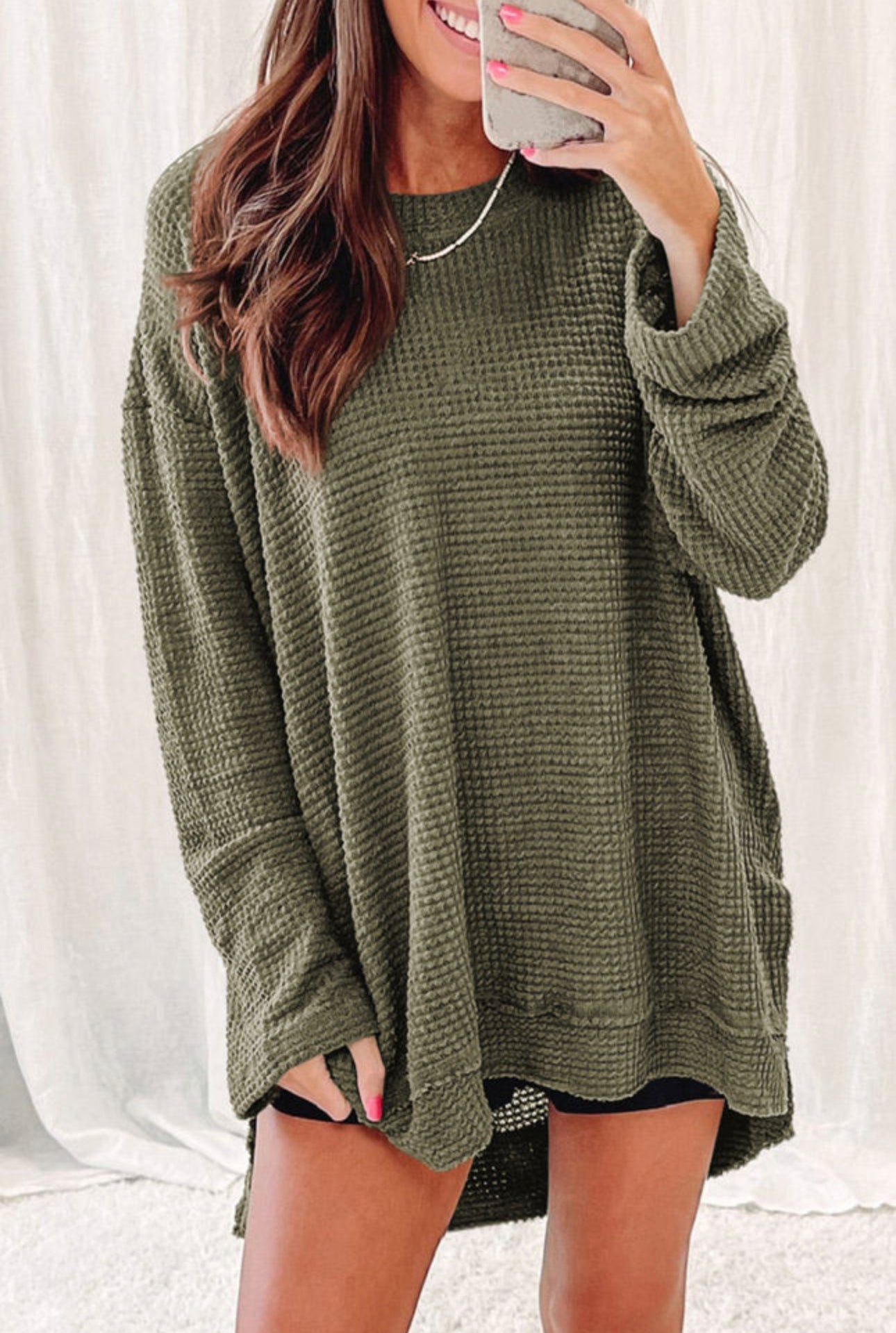 Out Of This World Olive Waffle Knit Oversized Top