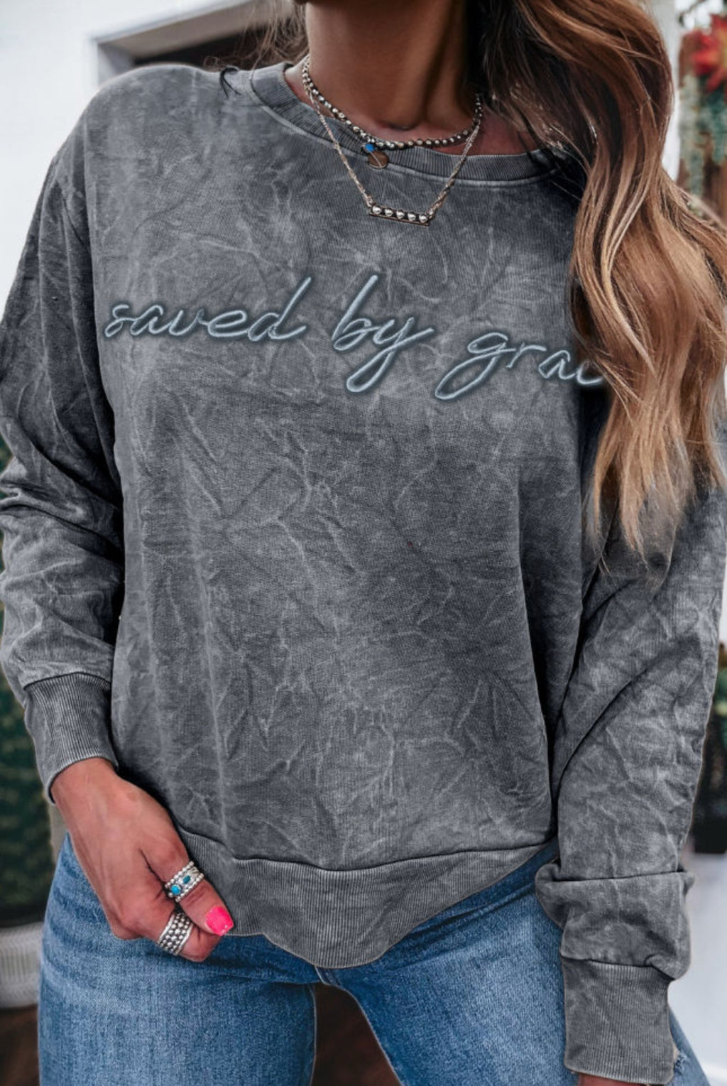 Saved By Grace Embroidered Mineral Wash Sweatshirt