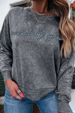 Saved By Grace Embroidered Mineral Wash Sweatshirt