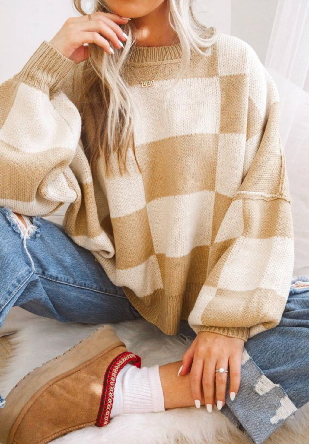 PREORDER Golden Girl Checkered Print Drop Shoulder Sweater