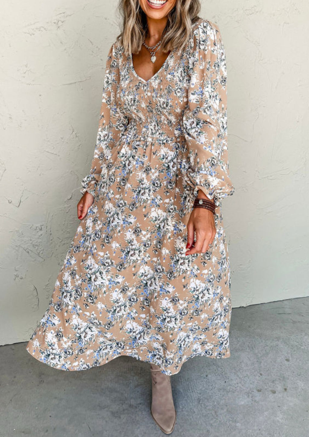The Sutherland Khaki Smocked Floral Long Sleeve Dress