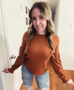 The Charlie Ribbed Knit Chestnut Long Sleeve Top