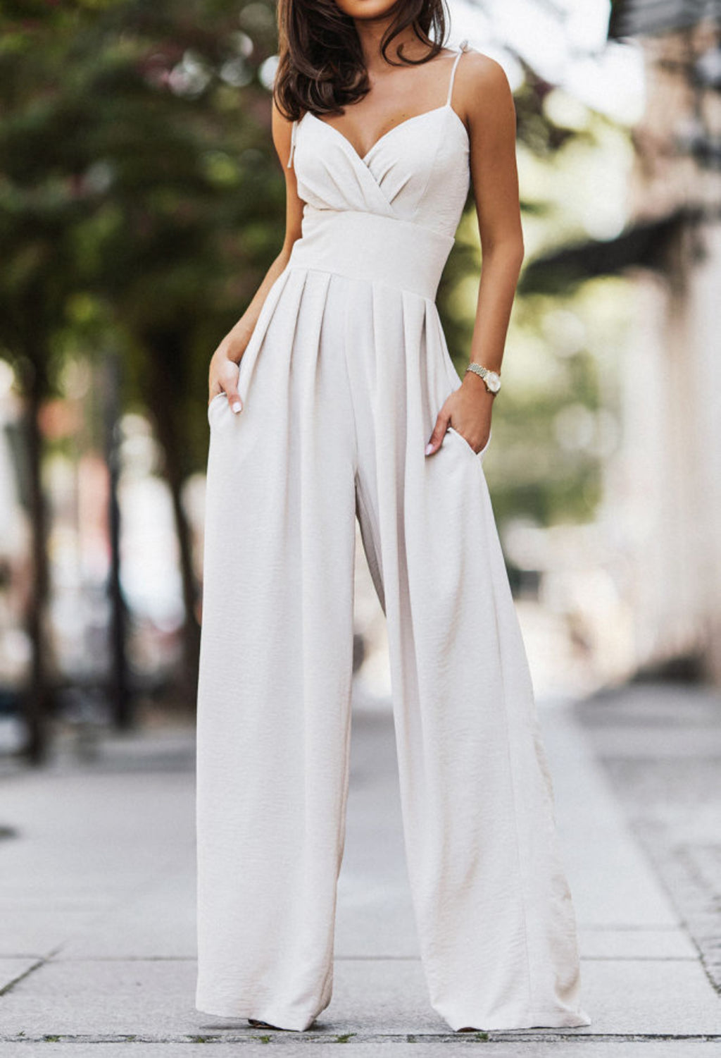 Move On Over Beige Wide Leg Jumpsuit