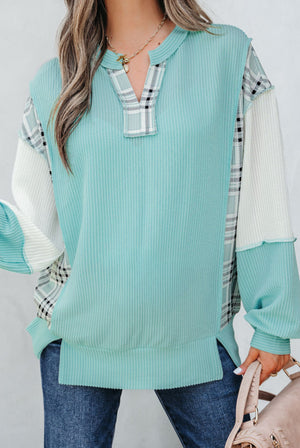 Breakfast At Tiffany’s Blue Color Block Patchwork Long Sleeve Top