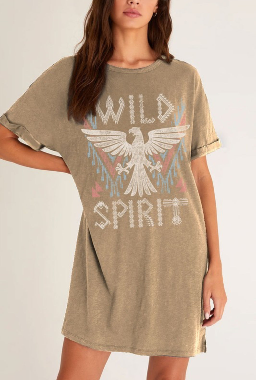PREORDER Wild Spirit Mineral Wash Taupe T Shirt Dress