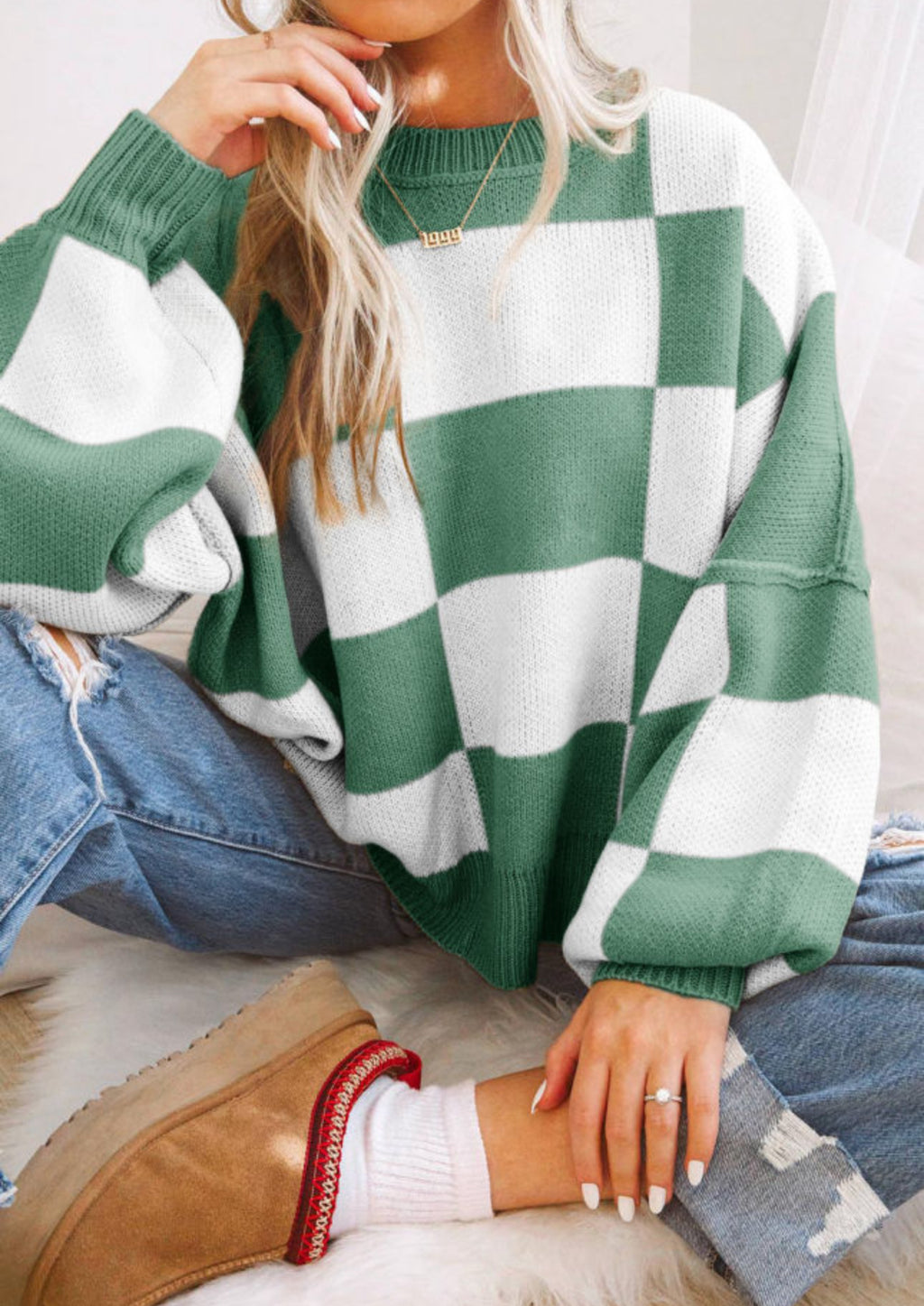 PREORDER Evergreen Checkered Print Drop Shoulder Sweater