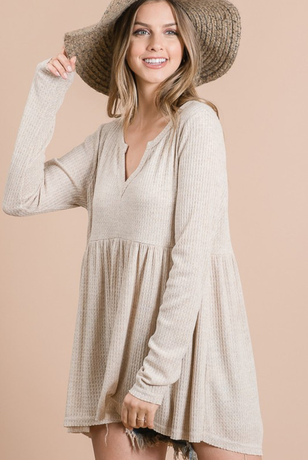 The Nori Oatmeal Waffle Knit Long Sleeve Babydoll