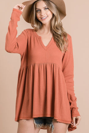 The Nori Brick Waffle Knit Long Sleeve Babydoll