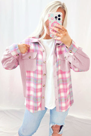 Cotton Candy Corduroy Plaid Button Down Shacket