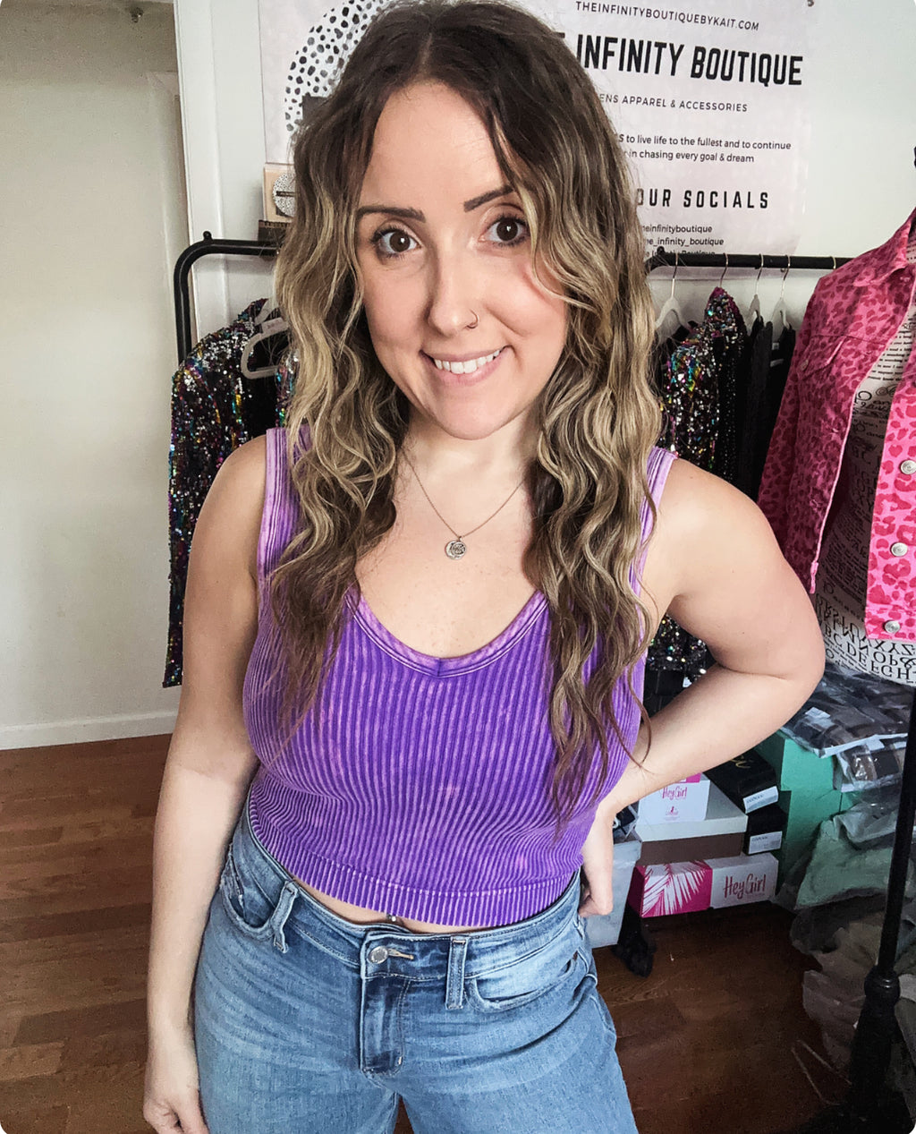 Purple Washed Ribbed Bra Padded Cropped Tank