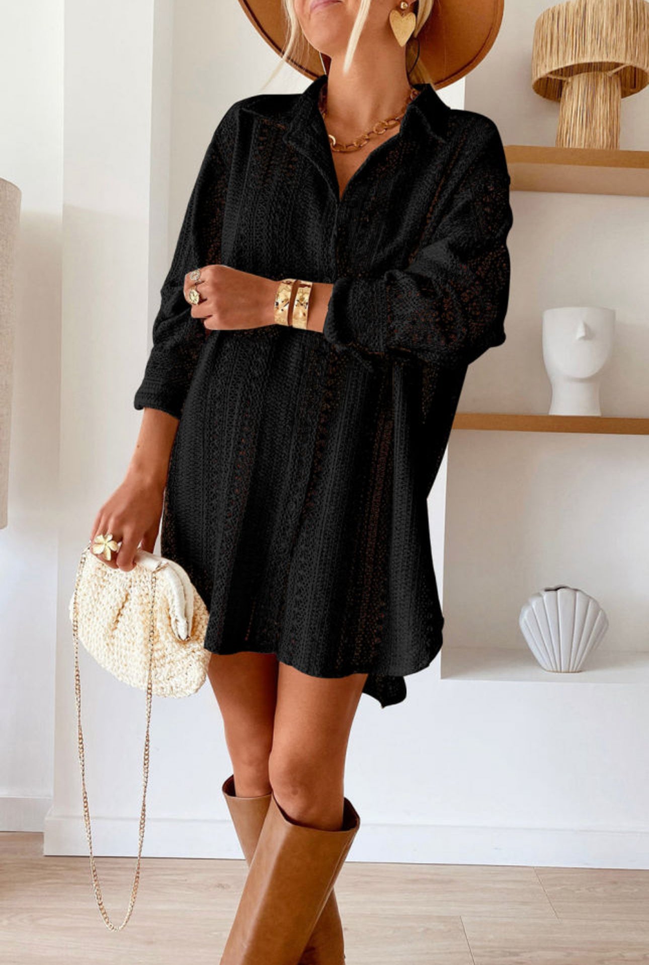 By The Bay Black Crochet Collared Oversized Tunic