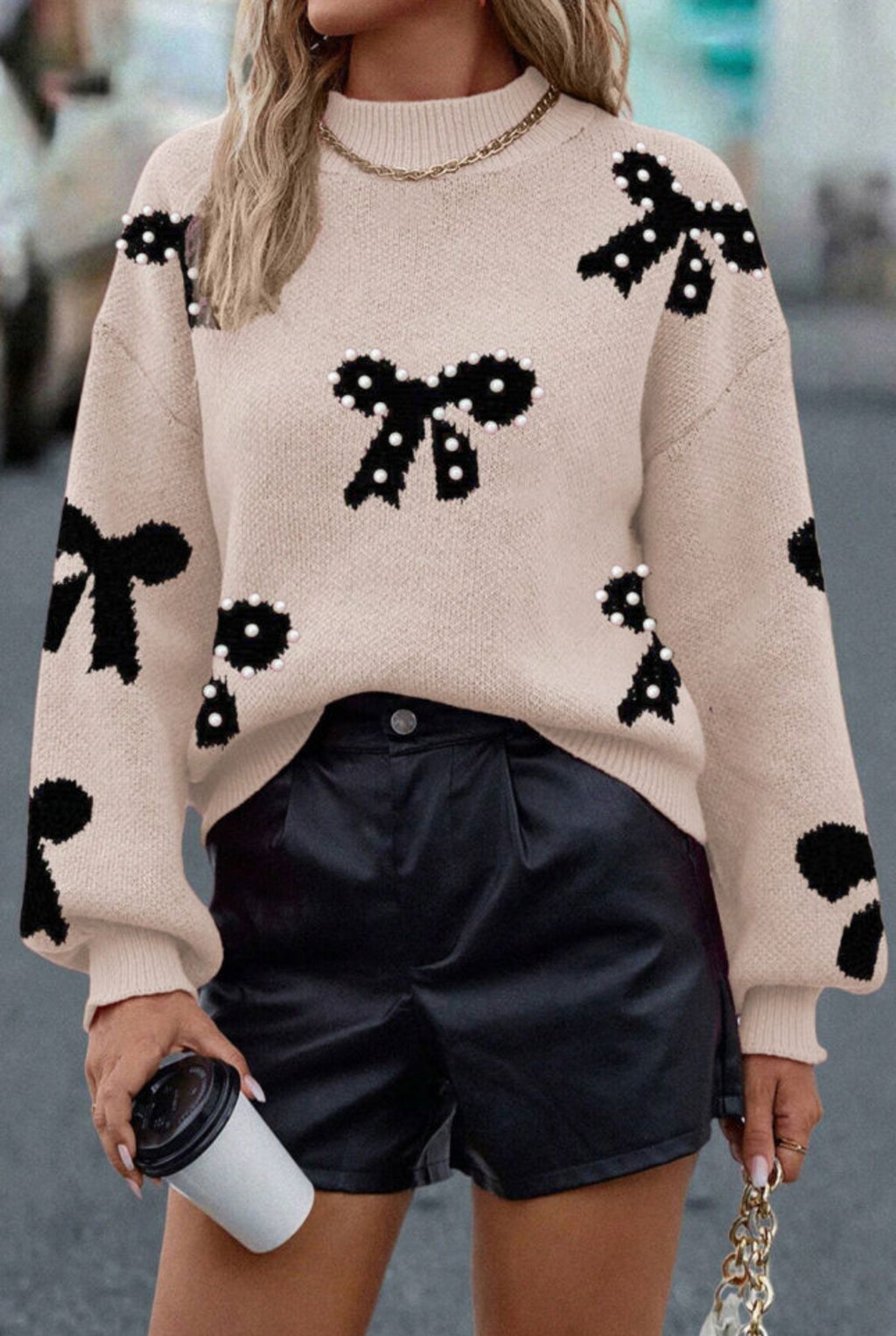 The Cottage Charm Pearl Embellished Bow Detailed Sweater
