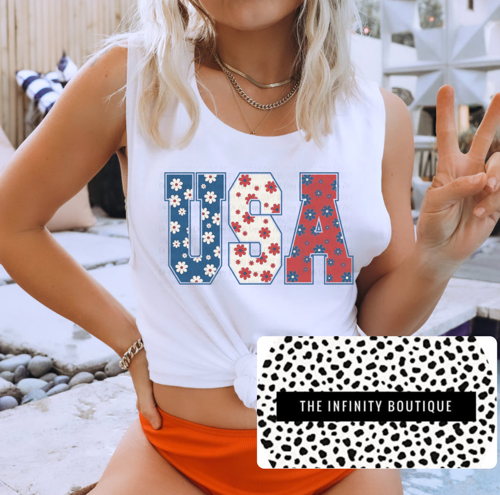 USA Retro Floral White Flowy Muscle Tank