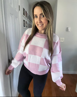 Cotton Candy Checkered Print Drop Shoulder Sweater