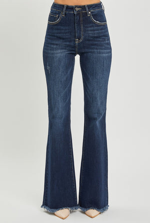 The Lucille High Rise Vintage Frayed Hem Flare Risen Denim Jeans