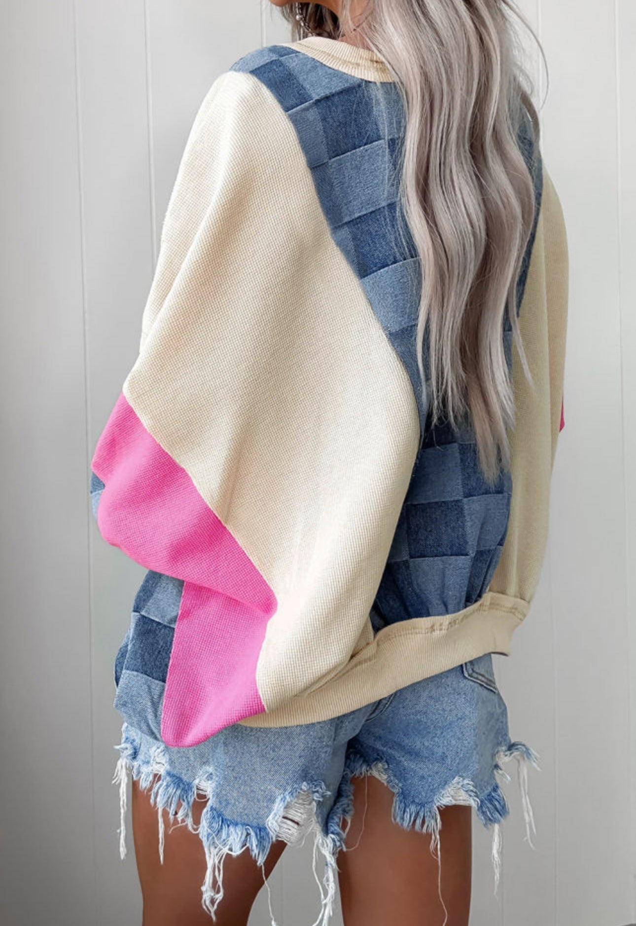 Chic By Day Denim Checkered Colorblock Oversized Sweatshirt