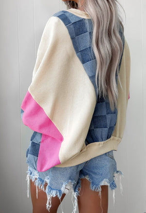 Chic By Day Denim Checkered Colorblock Oversized Sweatshirt