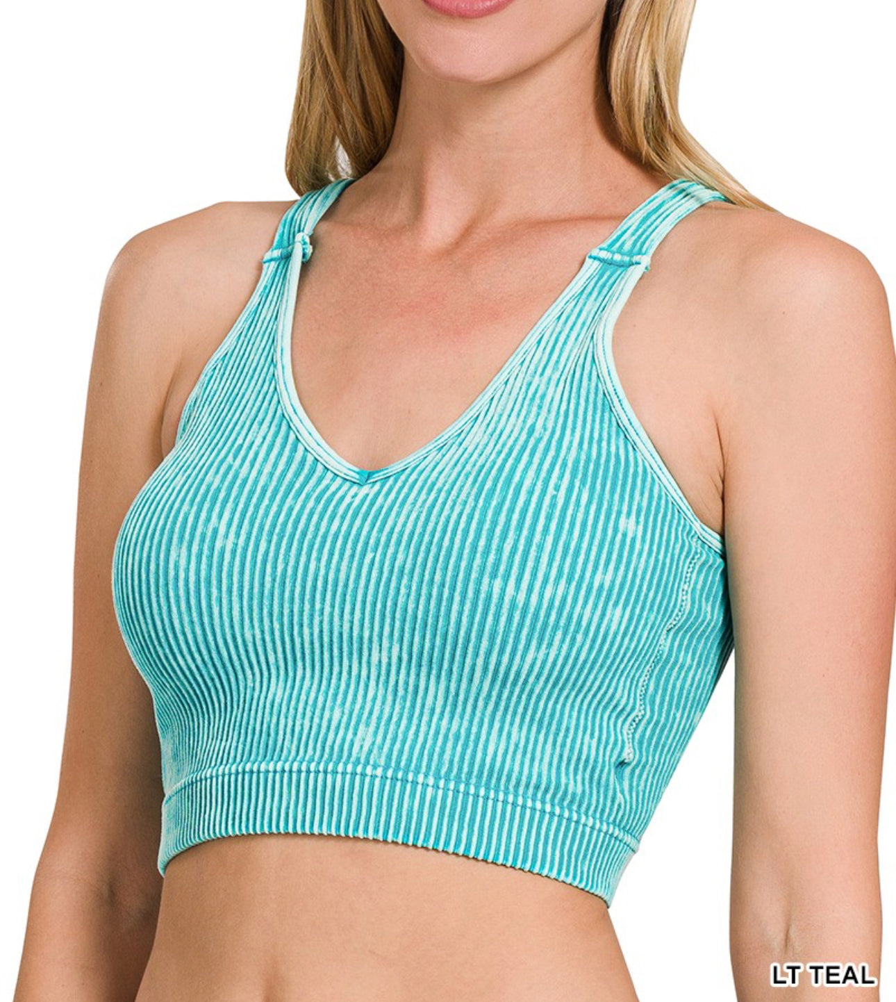 Light Teal Washed Ribbed Bra Padded Cropped Tank