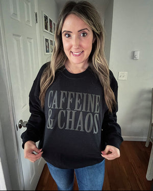 Caffeine & Chaos Black Puff Print Unisex Sweatshirt
