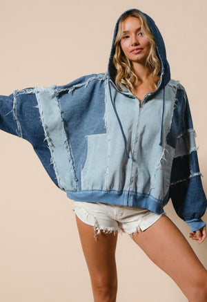 Truth Or Dare Denim Colorblock Zip Up Hoodie