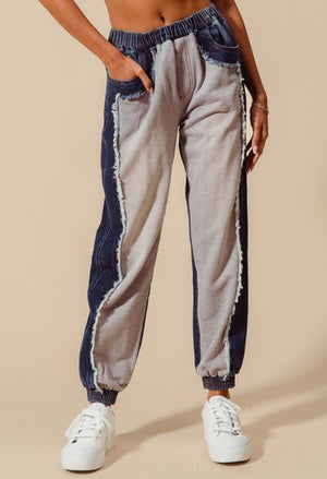 Hooked On You Distressed Terry Color Block Denim Joggers