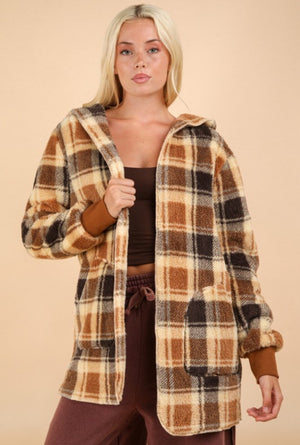 All Bundled Up Oversized Camel Plaid Faux Fur Jacket