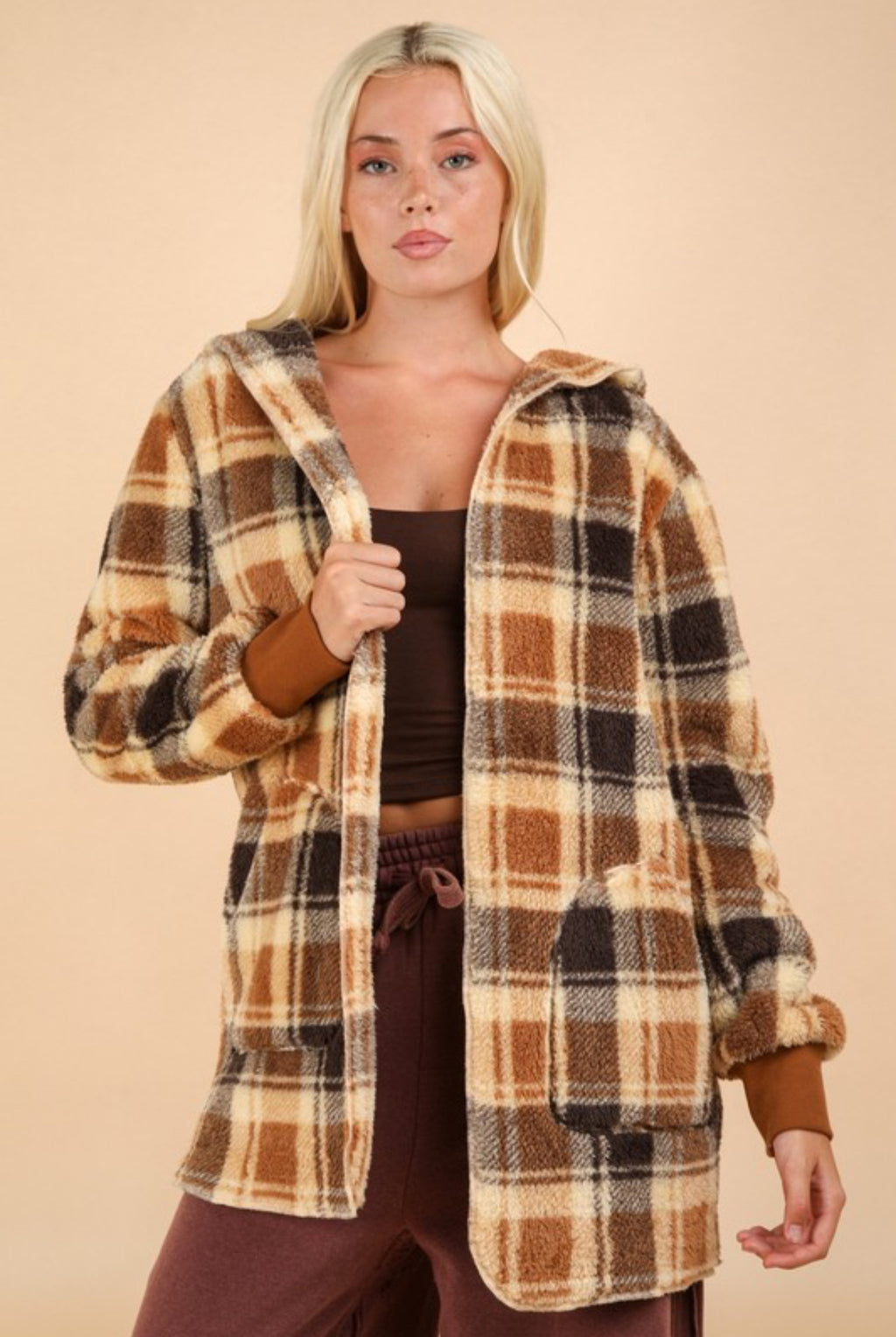 Beyond Me Oversized Faux Fur Camel Plaid Jacket