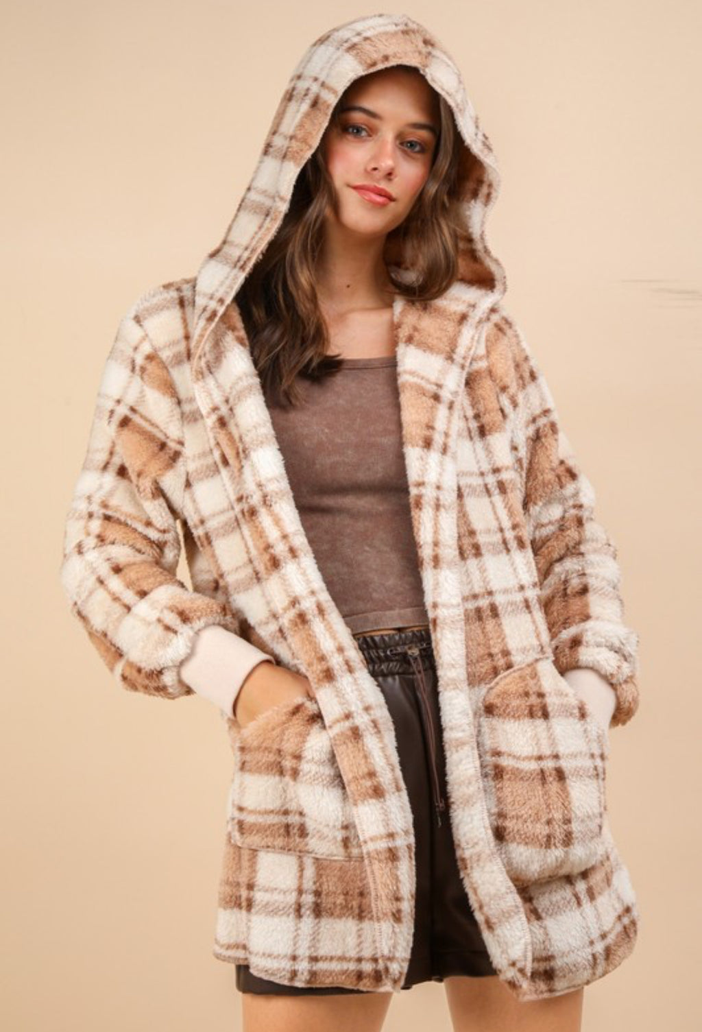 All Bundled Up Oversized Cream Plaid Faux Fur Jacket