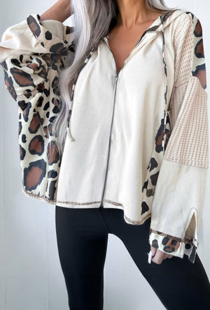 The Moxie Leopard Oversized Patchwork Zip Up Hooded Sweatshirt
