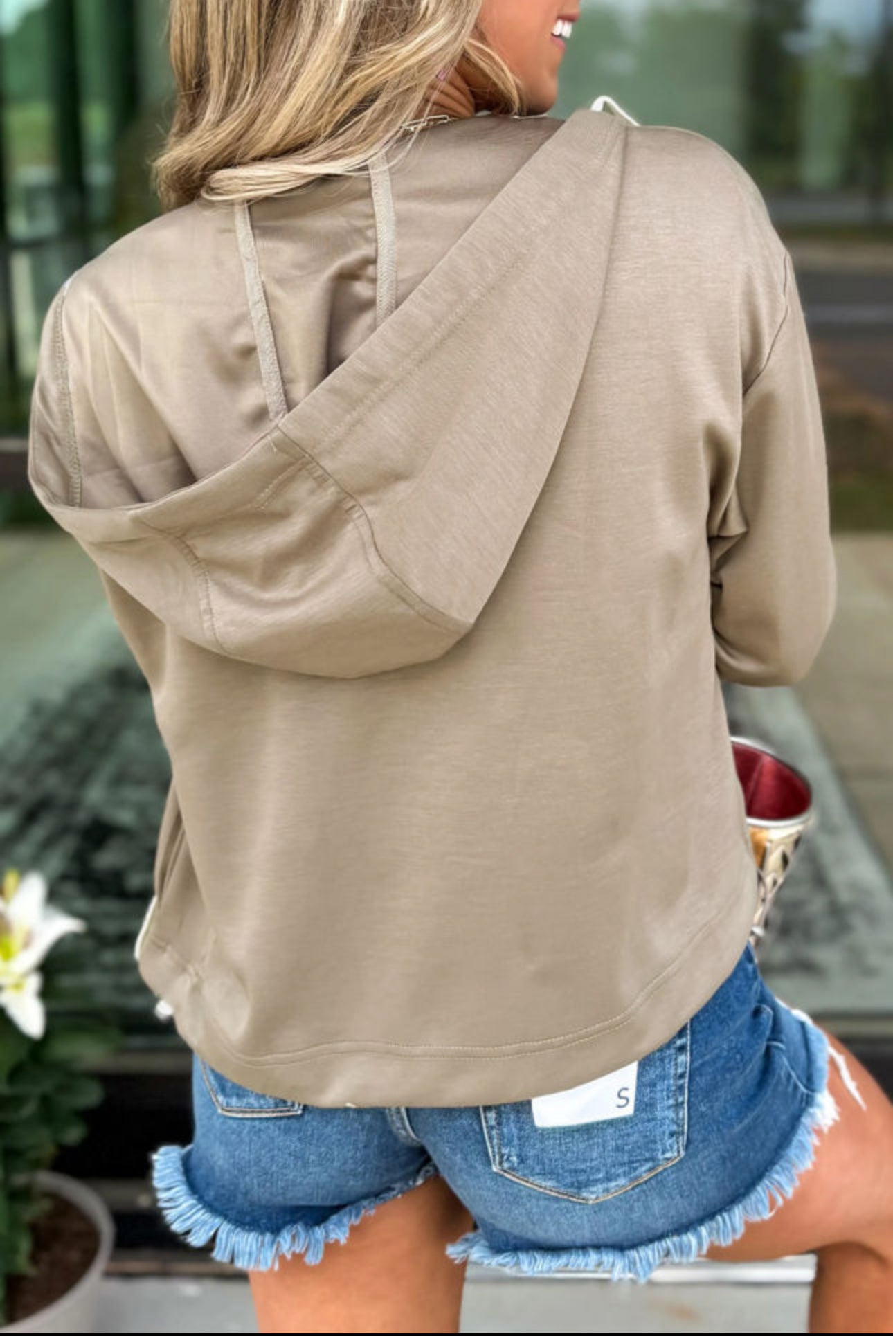 The Tatum Taupe Bow Detailed Zip Up Hooded Jacket