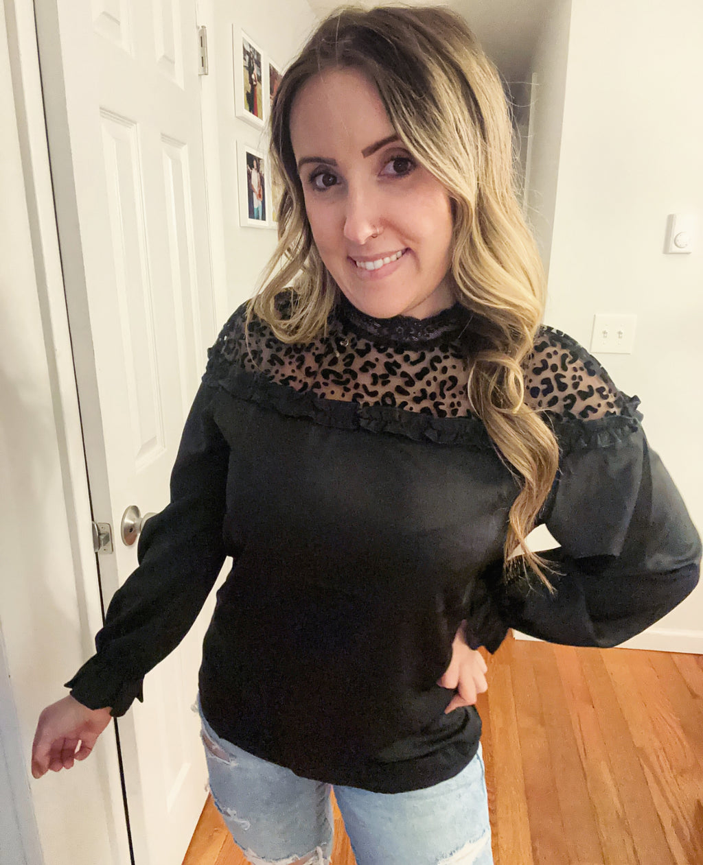 Into The Wild Black Leopard Ruffle Long Sleeve Blouse