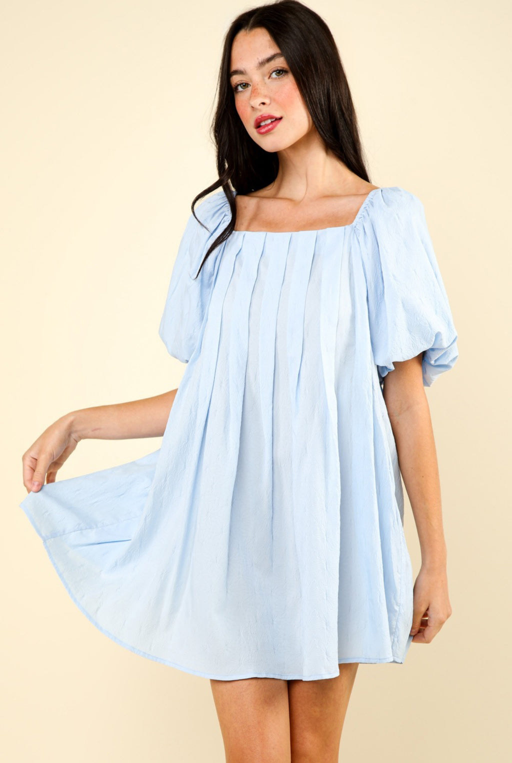 PREORDER Spring Blue Pleated Puff Sleeve Mini Dress